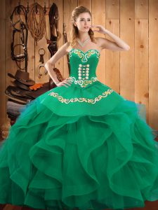 High Class Turquoise Organza Lace Up Sweetheart Sleeveless Floor Length 15th Birthday Dress Embroidery and Ruffles