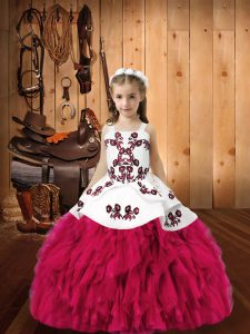 Stunning Fuchsia Straps Lace Up Embroidery and Ruffles Glitz Pageant Dress Sleeveless