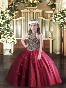 Classical Wine Red Lace Up Little Girls Pageant Dress Wholesale Beading Sleeveless Floor Length