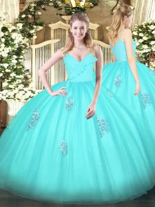 Customized Sleeveless Tulle Floor Length Zipper Ball Gown Prom Dress in Aqua Blue with Appliques