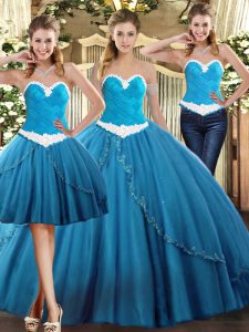 Teal Ball Gowns Sweetheart Sleeveless Tulle Floor Length Lace Up Beading Quinceanera Gown
