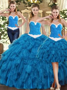 Modest Floor Length Lace Up Ball Gown Prom Dress Teal for Military Ball and Sweet 16 and Quinceanera with Ruffles