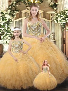 Colorful Floor Length Lace Up Quinceanera Gown Gold for Military Ball and Sweet 16 and Quinceanera with Beading and Ruffles