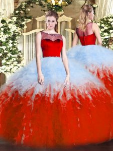 White And Red Ball Gowns Ruffles Vestidos de Quinceanera Zipper Tulle Sleeveless Floor Length