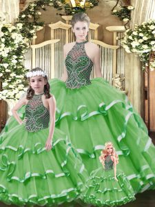 Wonderful Sleeveless Tulle Floor Length Lace Up Quince Ball Gowns in Green with Beading and Ruffled Layers