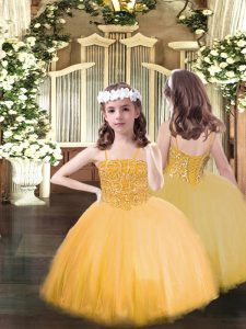 Spaghetti Straps Sleeveless Tulle Little Girl Pageant Gowns Beading Lace Up