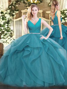 Pretty Teal Military Ball Dresses Military Ball and Sweet 16 and Quinceanera with Beading and Ruffles V-neck Sleeveless Zipper