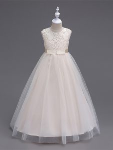 Eye-catching A-line Little Girl Pageant Dress Champagne Scoop Tulle Sleeveless Floor Length Zipper