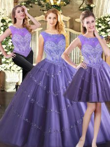 Lavender Ball Gown Prom Dress Military Ball and Sweet 16 and Quinceanera with Beading Scoop Sleeveless Zipper