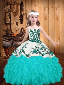 Customized Aqua Blue Ball Gowns Embroidery and Ruffles Little Girls Pageant Gowns Zipper Organza Sleeveless Floor Length