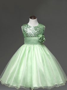 Knee Length Apple Green Girls Pageant Dresses Tulle Sleeveless Sequins and Hand Made Flower