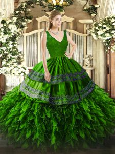 Stunning Floor Length Backless 15 Quinceanera Dress Green for Military Ball and Sweet 16 and Quinceanera with Beading and Lace and Ruffles