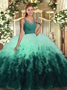 V-neck Sleeveless Quinceanera Gowns Floor Length Ruffles Multi-color Tulle