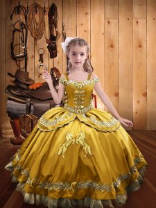Gold Satin Lace Up Off The Shoulder Sleeveless Floor Length Little Girls Pageant Gowns Beading and Embroidery