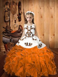Affordable Floor Length Ball Gowns Sleeveless Orange Little Girls Pageant Gowns Lace Up