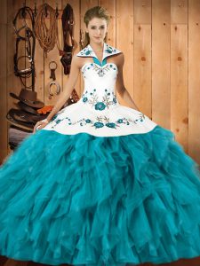 Latest Satin and Organza Sleeveless Floor Length Ball Gown Prom Dress and Embroidery and Ruffles