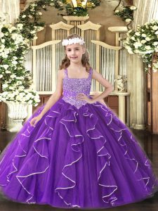 Latest Floor Length Purple Custom Made Pageant Dress Straps Sleeveless Lace Up