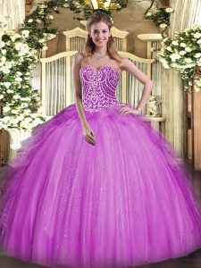 Captivating Sleeveless Organza Floor Length Lace Up Ball Gown Prom Dress in Fuchsia with Beading and Ruffles