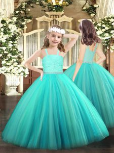 High Quality Turquoise Straps Zipper Beading and Lace Child Pageant Dress Sleeveless