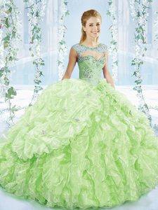 Customized Yellow Green Organza Lace Up Sweetheart Sleeveless 15 Quinceanera Dress Brush Train Beading and Ruffles and Pick Ups