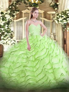 Shining Sleeveless Beading and Ruffled Layers Lace Up Vestidos de Quinceanera with Yellow Green Brush Train