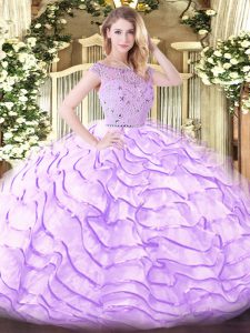 Lavender Zipper Ball Gown Prom Dress Beading and Ruffled Layers Sleeveless Sweep Train
