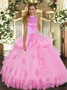 Floor Length Backless Sweet 16 Dresses Rose Pink for Military Ball and Sweet 16 and Quinceanera with Beading and Ruffles