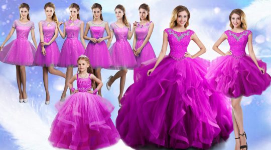 Luxurious Fuchsia Scoop Neckline Beading and Ruffles Quinceanera Gowns Sleeveless Lace Up