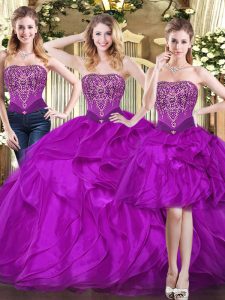 Excellent Sleeveless Beading and Ruffles Lace Up Vestidos de Quinceanera