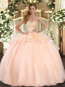 Peach Organza Lace Up Sweet 16 Quinceanera Dress Sleeveless Floor Length Beading and Ruffles