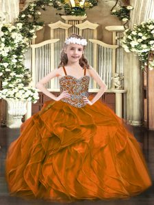 High Class Straps Sleeveless Pageant Dress Floor Length Beading and Ruffles Rust Red Organza