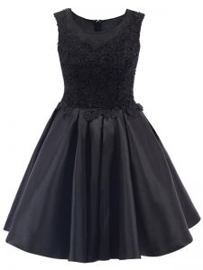 Black Satin Zipper Quinceanera Dama Dress Sleeveless Mini Length Lace