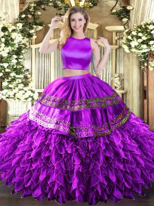Tulle High-neck Sleeveless Criss Cross Ruffles and Sequins Sweet 16 Dress in Eggplant Purple