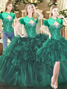 Deluxe Dark Green Sleeveless Tulle Lace Up 15th Birthday Dress for Military Ball and Sweet 16 and Quinceanera