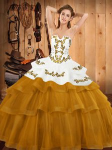 New Arrival Lace Up Sweet 16 Dresses Gold for Military Ball and Sweet 16 and Quinceanera with Embroidery and Ruffled Layers Sweep Train
