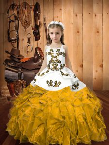 Gold Organza Lace Up Straps Sleeveless Floor Length Child Pageant Dress Embroidery and Ruffles