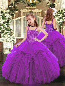 Trendy Organza Straps Sleeveless Lace Up Beading and Ruffles Pageant Dress for Girls in Purple