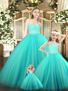 Shining Floor Length Turquoise Quinceanera Gown Tulle Sleeveless Beading and Lace
