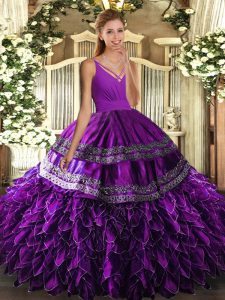 High Class Purple Ball Gowns Ruffles Vestidos de Quinceanera Backless Organza Sleeveless Floor Length
