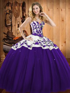 Purple Satin and Tulle Lace Up Quinceanera Gown Sleeveless Floor Length Embroidery