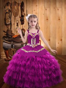 Embroidery and Ruffled Layers Pageant Gowns For Girls Fuchsia Lace Up Sleeveless Floor Length