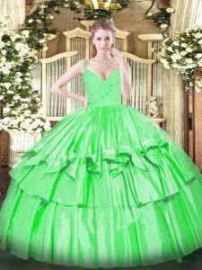 Luxurious Green Ball Gowns Spaghetti Straps Sleeveless Taffeta Floor Length Zipper Ruffled Layers Quinceanera Gown