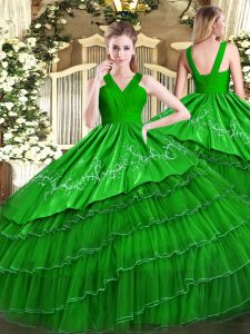 Green Satin and Organza Zipper Sweet 16 Dress Sleeveless Floor Length Embroidery and Ruffled Layers