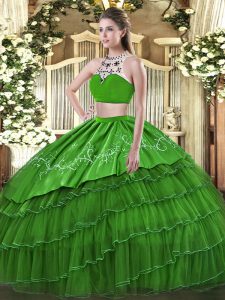 Popular Green Sleeveless Tulle Backless Sweet 16 Dress for Military Ball and Sweet 16 and Quinceanera