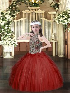 Adorable Wine Red Halter Top Neckline Beading and Ruffles Little Girl Pageant Gowns Sleeveless Lace Up