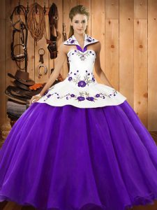 Trendy Purple Halter Top Neckline Embroidery 15th Birthday Dress Sleeveless Lace Up