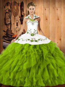 Floor Length Olive Green Quinceanera Dresses Halter Top Sleeveless Lace Up