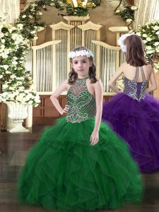 Dark Green Halter Top Lace Up Beading and Ruffles Evening Gowns Sleeveless