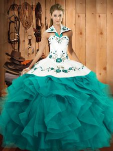 Dazzling Sleeveless Lace Up Floor Length Embroidery and Ruffles Vestidos de Quinceanera