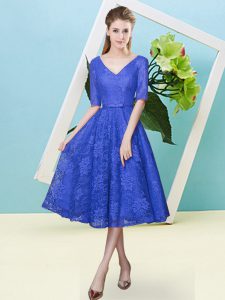 Tea Length Royal Blue Dama Dress Lace Half Sleeves Bowknot